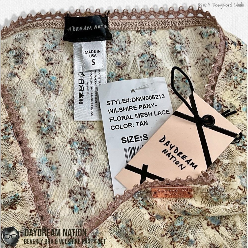 DAYDREAM NATION BEVERLY BRA & WILSHIRE PANTY SET IN TAN DAINTY FLORAL MESH LACE - Picture 11 of 14